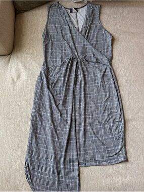 Discreet Grey Plaid Asymmetrical Wrap Dress